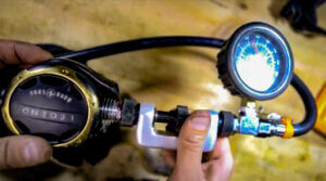 Scuba Regulator service, turning the second stage with an IP Gauge
